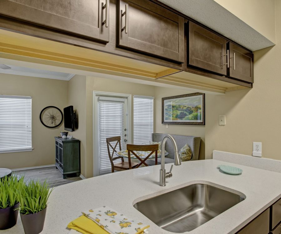 The Arbors at Wolf Pen Creek apartments Modern kitchen view with a stainless steel sink, cabinets, and open space leading to a bright living area.